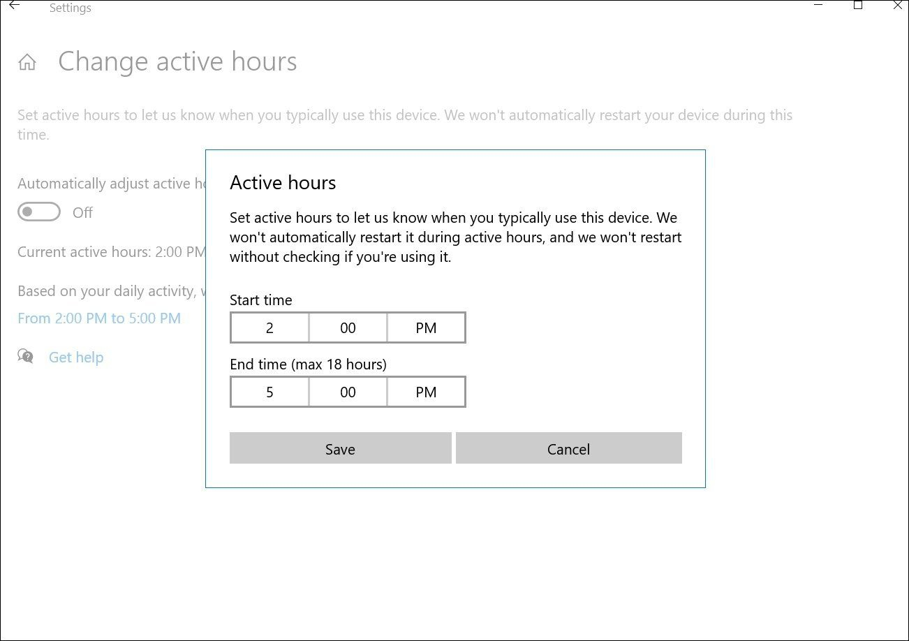  Windows 10 update > Active hours بروید.
